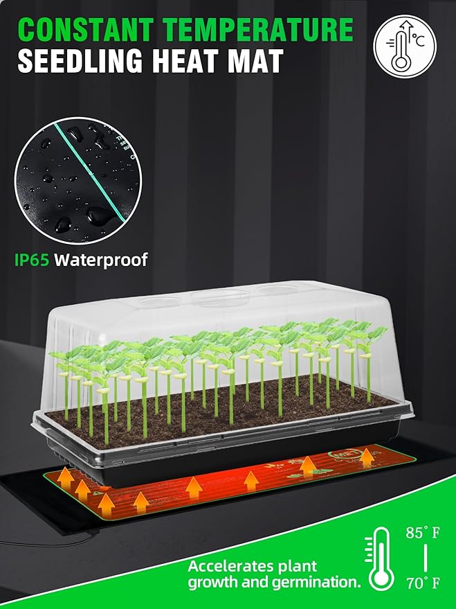Seed Starter Tray with Grow Light and Heat Mat 8'' Humidity Dome 1020 Plant Starter Trays Seed Starter Kit Grow Light Stand for Seed Starting &amp Seedling Growing Height Adjustable