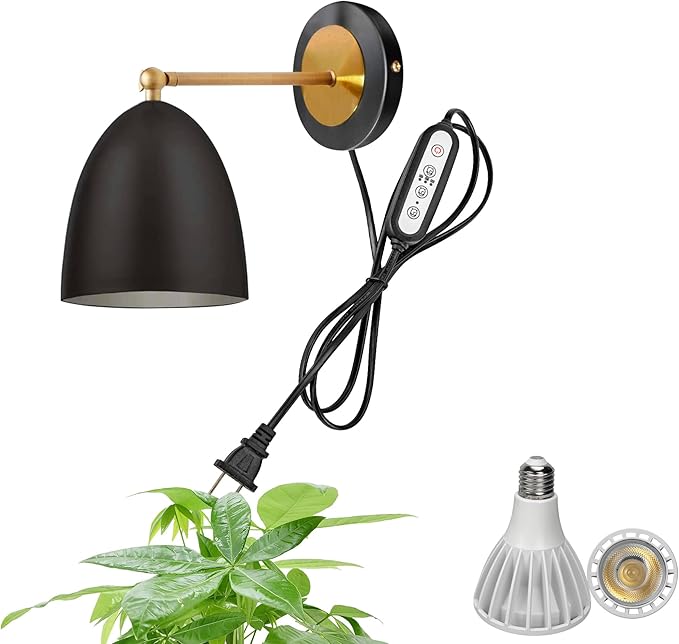 Hook Type Wall Mounted Plant Light Full Spectrum White Light 6000K 25W Bulb Black Vintage Plug in Cord Timing Wall Lamps for Indoor Growing Plants Flowers