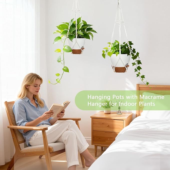 2 Pack Hanging Planters with Grow Light for Indoor Plants 10” Self Watering Pots for Apartments &amp Low-Light Rooms Macrame Hangers Timer Drainage Holes &amp Removable Tray