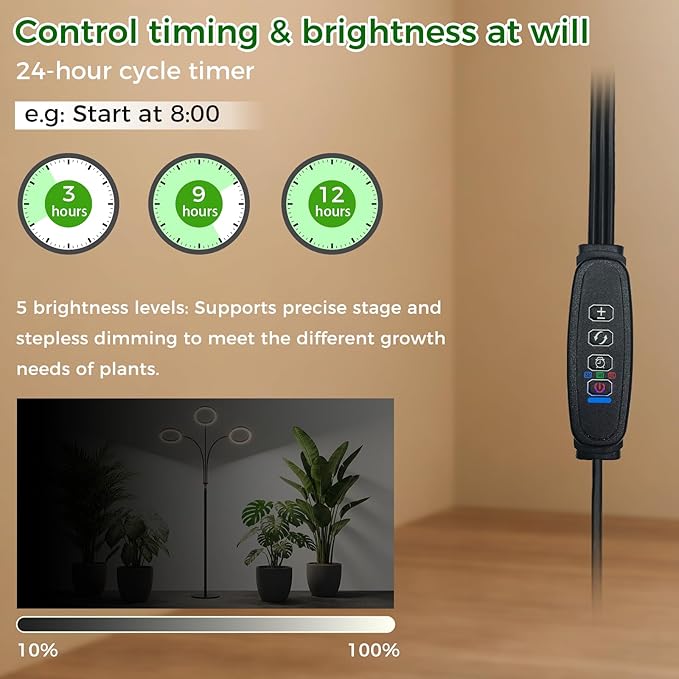 hree Heads 42W 196 Led Full Spectrum Plant Light 5.5FT Adjustable Height Standing Grow Light 3/9/12H Timer Grow Lights for Indoor Plants