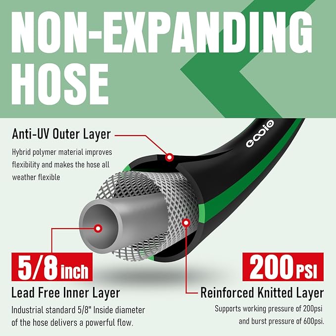 Heavy Duty Garden Hose 50 ft NON-EXPANDABLE Water Hose with 10 Function Spray Nozzle Lightweight Kink-less Hybrid Hose with Swivel Handle Male to Female Fittings
