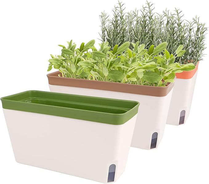 OurWarm Windowsill Herb Planter Box Indoor Set of 3 10.5 Inch Self Watering Planter Pots with Visual Water Level Window Modern Plastic Plant Pots for Herbs Vegetables Succulents Plants