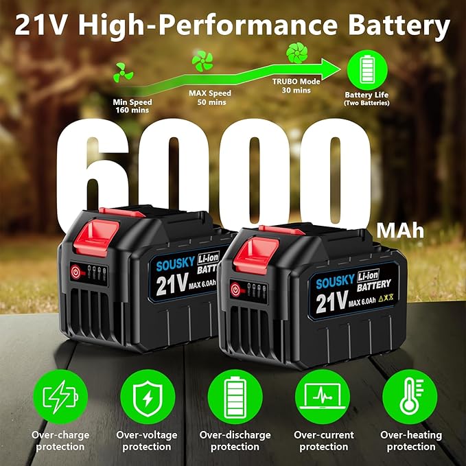 Leaf Blower Cordless Battery Leaf Blower with 2 * 6.0Ah Batteries and Charger 21V Brushless Electric Leaf Blowers with 5 Speed Levels and Turbo Mode for Lawn CareBlowing LeavesYard Cleanup