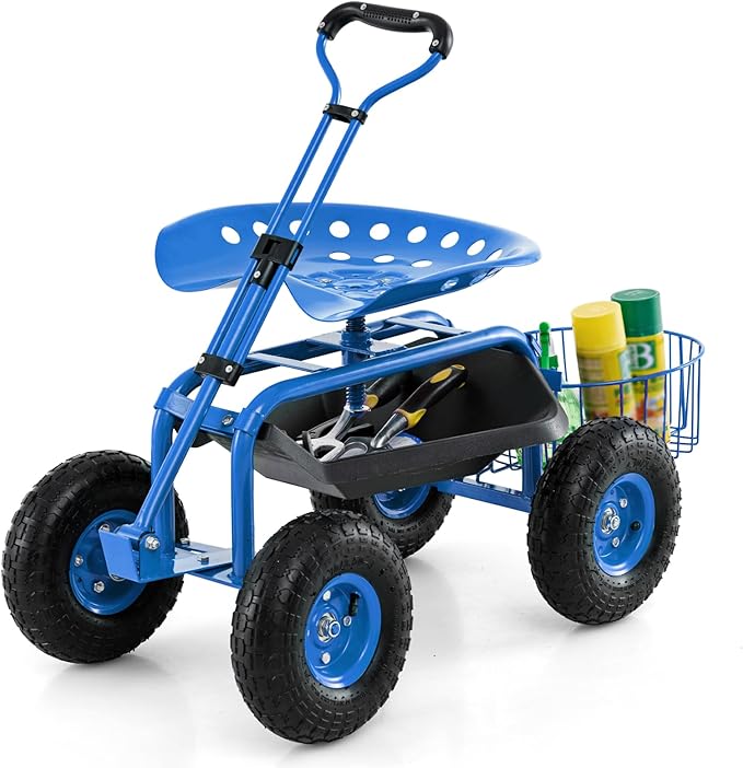 Goplus Rolling Garden Cart with Seat Outdoor Garden Stool with Wheels Tool Tray &amp Basket Adjustable Steering Handle 360 Degree Swivel Seat for Planting Gardening Scooter for Lawn Yard Patio