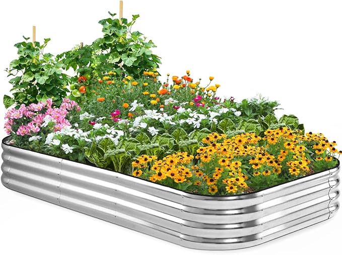 Quictent Galvanized Raised Garden Bed Kit 8x4x1 ft Oval Metal Planter Box for Vegetables Rubber Strip Edging Included (Silver)