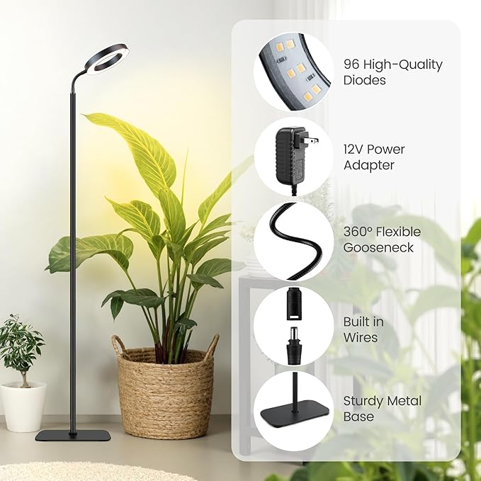 Grow Lights for Indoor PlantsFloor Lamp with 63IN StandFull Spectrum10 DimmingHalo Ring Warm Light 3/9/12H TimerHeight AdjustableMetal Stable Base Growing Light for Tall Small Plant