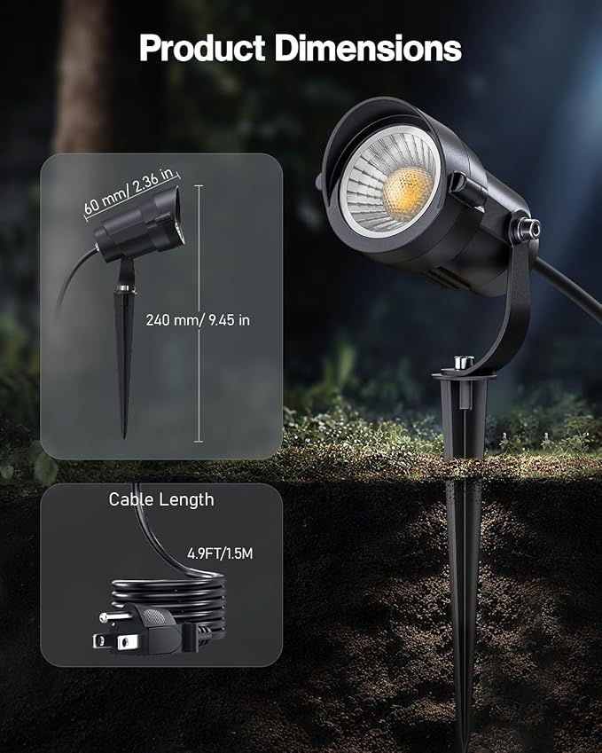 HIBOITEC 12W Spot Lights Outdoor 110V to 120V Landscape Lighting Waterproof Spotlight with 4.9ft 3-Plug LED Plug in Landscape Lights for Yard Gardern Decorations 2900K 2Packs