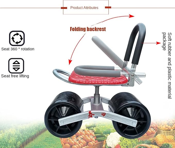 Rotatable Garden Cart Rolling Work Seat Garden Cart Swivel Seat Stool Agricultural Picking Chair for Outdoors Lawns and Yards(RedTwo Wheels)