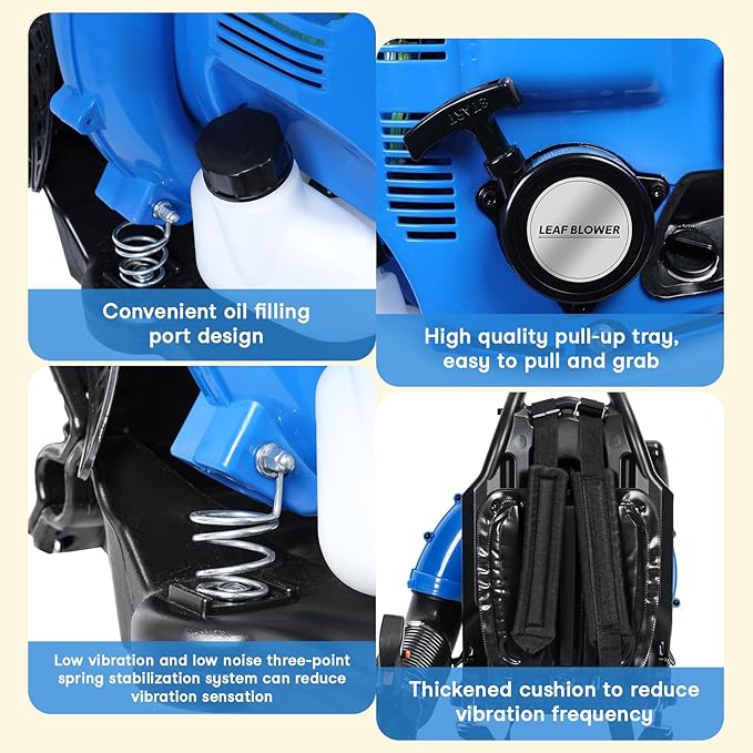75.6CC 4-Stroke Backpack Leaf Blower Gas Powered &amp Snow Blower 750CFM 205MPH Gas Blowers with Ergonomic Design for Lawn Care Debris Clearing &amp Snow Removal (Blue) Blue