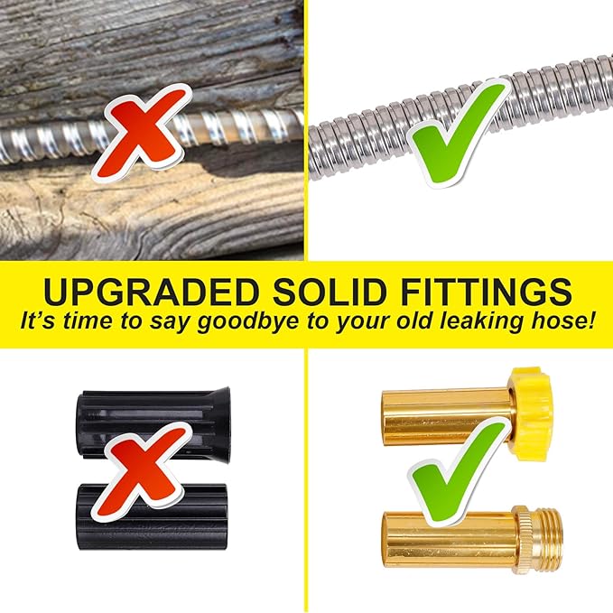 FOXEASE Metal Garden Hose 100FT - Stainless Steel Heavy Duty Water Hose with Solid Metal Nozzle &amp 8 Function Sprayer Portable &amp Lightweight Kink Free Yard Hose Outdoor Hose