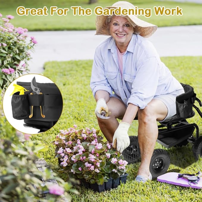 Rolling Garden Cart with Cushioned Backrest &amp Seat Outdoor Gardening Stool for Planting Garden Scooter with 360 Degree Swivel Seat &amp Steering Handle &amp Tool Tray (BackRest Seat+Handle Bla