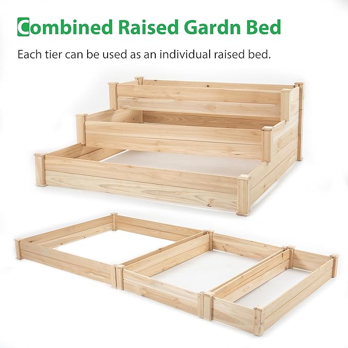 3 Tier Wooden Raised Garden BedTiered Outdoor Elevated Flower BoxHorticulture Open-Bottom Planter Raised Garden BedVegetables Growing Planter for Backyard Patio Gardener Wood Color
