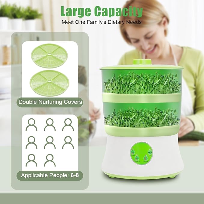 2 Layers Bean Sprouts Machine 3 Different Modes Complete Sprouts Growing Kit Intelligent Automatic Bean Sprouts Maker Function Large Capacity Seed Grow for Radish Alfalfa Wheatgrass Broccoli