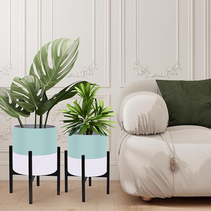 10 &amp 12 Inches Plant Pots with Stand-Large Indoor Planters with with Drainage HolesModern Planting Pots with White and Green Color Matching for Living Room Office Garden Or Balcony