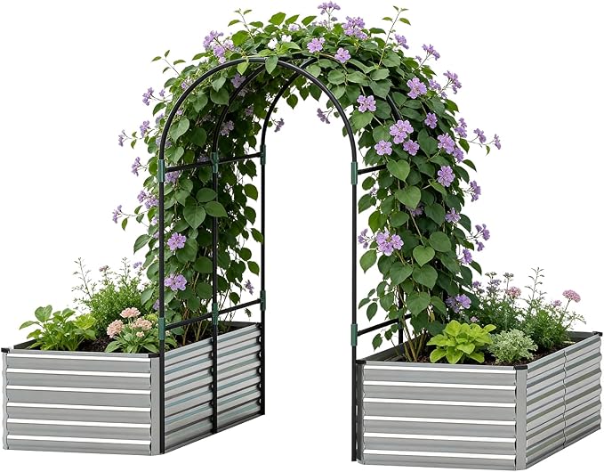 FOOWIN Raised Garden Bed with Arch Trellis for Climbing PlantsGalvanized Raised Garden BedPlanter Boxes Outdoor for Vegetables Flowers Herb478 Gallon Capacity Silver