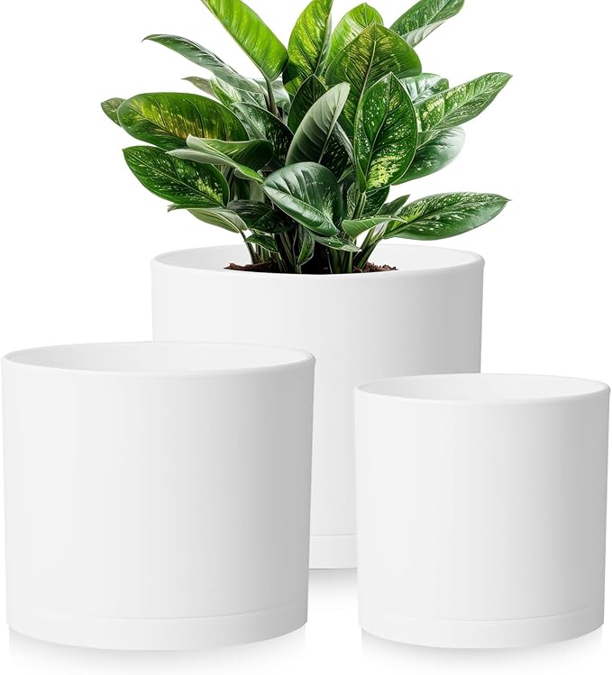 Large Plant Pots Set of 3 – 8 9 10 Indoor Flower Pots with Drainage Holes and Saucers Big Planters for Monstera Fiddle Leaf Fig Snake Plant – 5 Colors