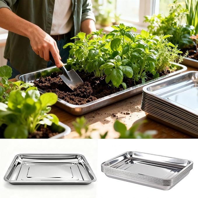 10-Pack 16 Inch Stainless Steel Growing Trays Heavy-Duty Metal Sprouting Tray for Plants Stainless Steel Plant Germination Trays for Hydroponics Transplanting (Silver)