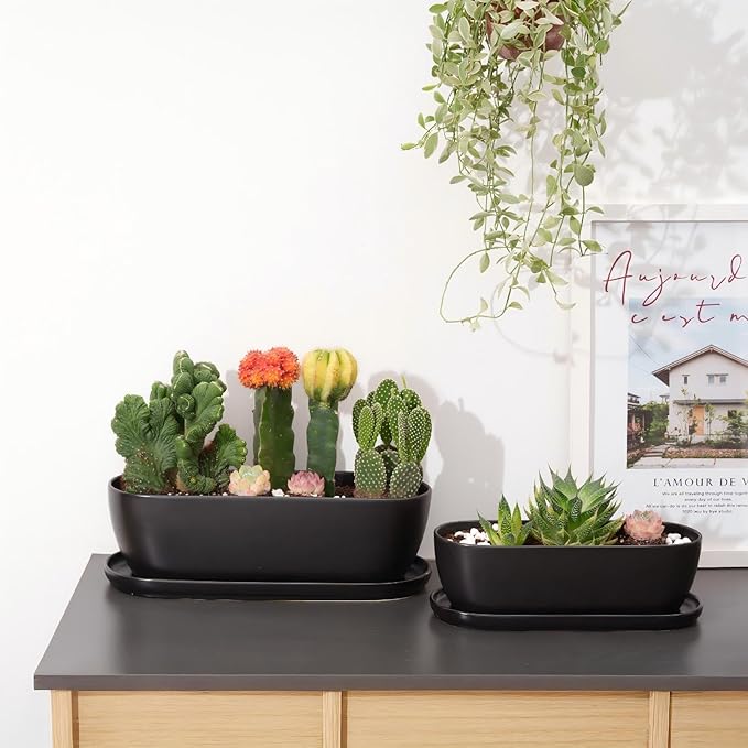 E-liu Oval Ceramic Planter Pot with Drainage Hole Saucers 11 Inch Succulents Planter Home Decor for Indoor Outdoor Plants Herb Cactus with 3 Mesh Pads Plants Not Included Black