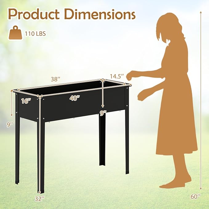 Giantex Metal Raised Garden Bed with Legs Elevated Planter Box with Drainage Holes for Vegetable Fruit Flower Herb Outdoor Standing Gardening Box for Balcony Backyard Patio Porch (40”x16”x32”)