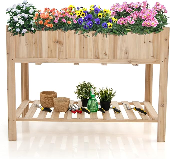 S AFSTAR 47x23x35in Raised Garden Bed Wooden Elevated Planter Box with Solid Legs Storage Shelf Planter Liner Outdoor Standing Planter Bed for Growing Vegetables Flowers Herbs Garden Yard Patio