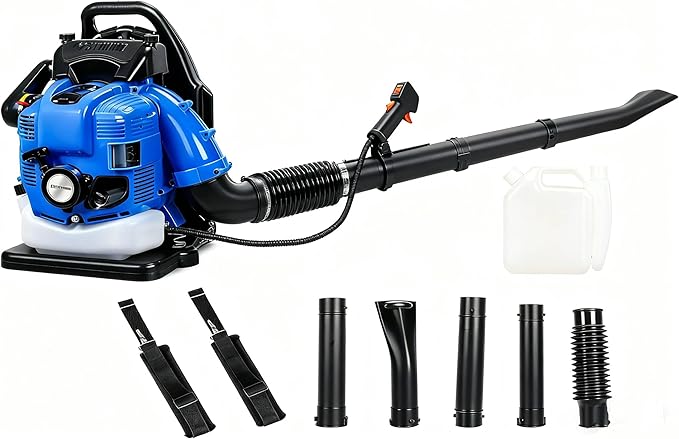 Backpack Leaf Blower 75.6CC Gas Powered Backpack Leaf Blower 2.6KW High Power Blowing Leaf Cleaning Dust with 1.9L Fuel Tank Adjustable Offset Handle Ergonomic Harness System 4 Stroke (750CFM)