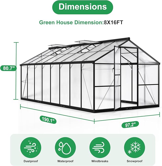 WKM 8x16 FT Greenhouse for Outdoors Polycarbonate Greenhouse with Roof Vent and Quick Setup Structure Aluminum Frame Black