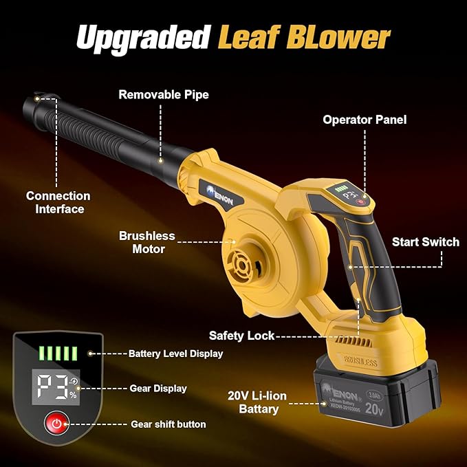 Leaf Blower- Brushless Electric Cordless Leaf Blower with Battery and Charger 3 Speed Mode Lightweight Cordless Blower for Blowing Leaves Patio Cleaning Blowers for Lawn Care and Dust