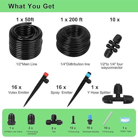 250FT Drip Irrigation Kit – 2026 New Quick-Connect Micro Irrigation System with 1/4'' 1/2'' Tubing Locking Nozzle Emitters Adjustable Misting Sprayers for Gardens LawnsRaised Beds and Greenhouses