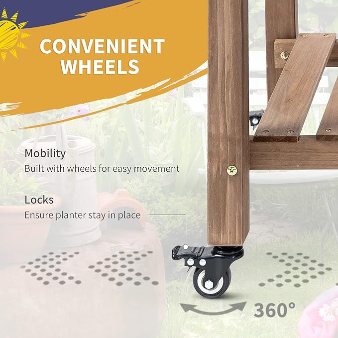 Outsunny Raised Garden Bed with 8 Grow Grids Wooden Outdoor Plant Box Stand with Folding Side Table and Wheels 49 x 21 x 34 for Vegetables Flowers Herbs Brown