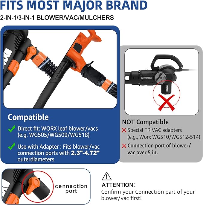 Leaf Collector Compatible with Worx Leaf Blower &amp Vacuum Includes Adjustable Adapter Fits 2.3-5 Connection Ports 2-8FT Hose and Mesh Hood