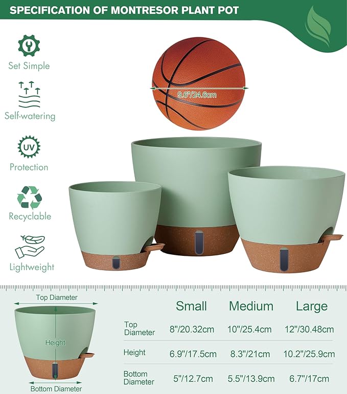 montresor 12/10/8 Inch Self Watering Pots for Indoor Plants Plastic Large Pot for Outdoor Plants Water Level Window &amp Spacious Reservoir Flower Pots Decorative Planter with Drainage and Tray