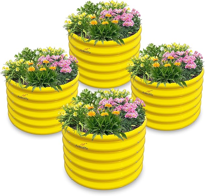 A ANLEOLIFE Kids Mini Raised Garden Beds Outdoor (4-Pack)-24x24x18in Round Galvanized Metal Planter Box for Planting Vegetables Flowers Fruits Eco-Safe &amp Easy Setup Sunlit Gold