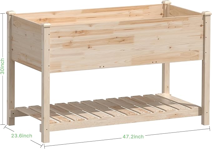 Raised Garden Bed with Legs 47.2x23.6x30in Wooden Raised Garden Box with Bed Liners Storage Shelf for Outdoor Garden Patio Elevated Wood Planter for Vegetables Fruits Flowers