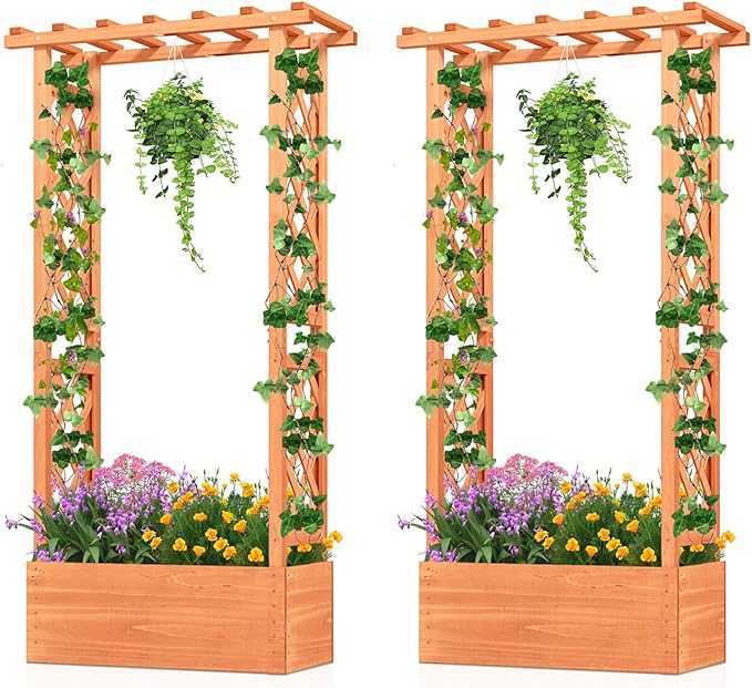 Nightcore Raised Garden Bed with Trellis Wooden Flower Rack with Double-Sided Grid Hanging Roof &amp Drainage Holes Outdoor Garden Planter for Flowers Vegetables Climbing Vines (2)