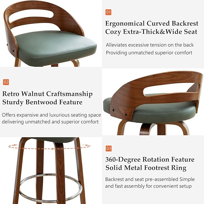 Bar Stools Set of 2 Swivel Bar Stools with Walnut Craftsmanship Bentwood Curved Back Upholstered Faux Leather Soft Cushion Seat Mid Century BarStools for Bar/Pub/Cafe (Green 30 Seat Height)
