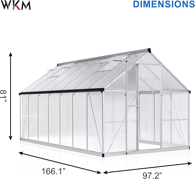 WKM Greenhouse for Outdoors - 8x14 FT Quick-fit Structure with Window for Ventilation Polycarbonate Aluminum Frame Silver