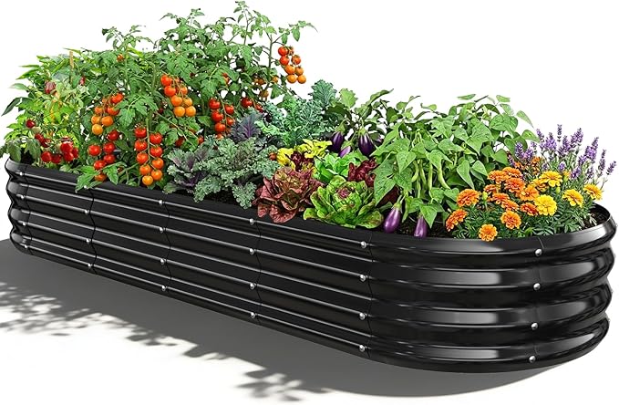 Oval Raised Garden Bed 6 x 2 x 1FT Galvanized Steel Planter Box with Wave-Shaped Metal Panels Painted for Outdoor FlowerTreeHerb &amp Vegetable Garden (Black 72X24X12 inches)