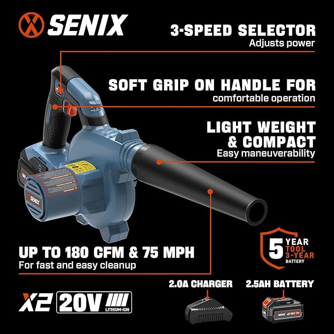 SENIX 20V Cordless Leaf Blower Electric Blowers with Brushless Motor 3 Variable Speed Modes 75 CFM and 180 MPH 2.5Ah Battery and Charger Included Lightweight Leaf Blowers for Lawn Care (BLX2-M)