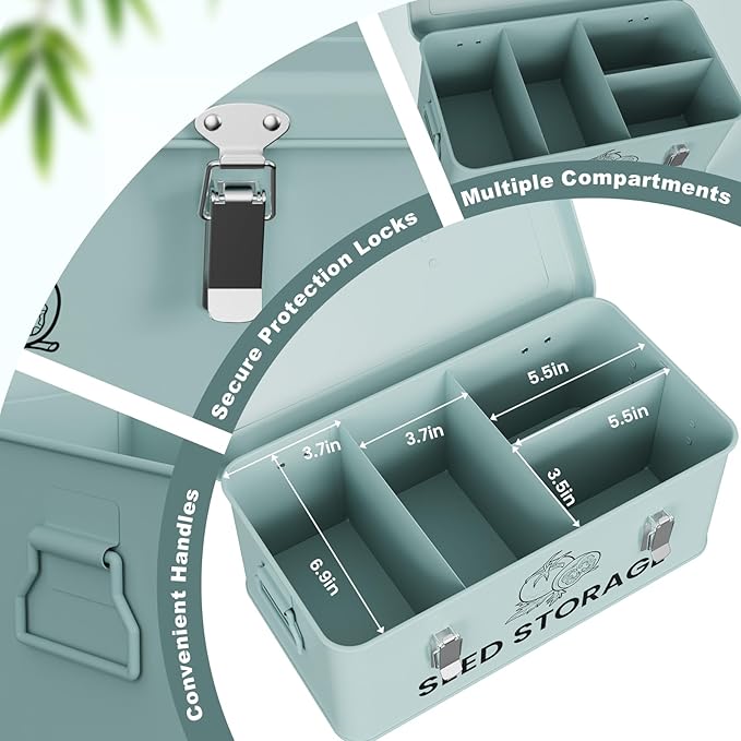 Seed Storage Organizer Box Metal Seed Box Garden Seed Organizer with Lid Seed Containers Storage with 4 Compartments 30 Seed Holder Organizers 100pcs Seed Envelopes (Blue)
