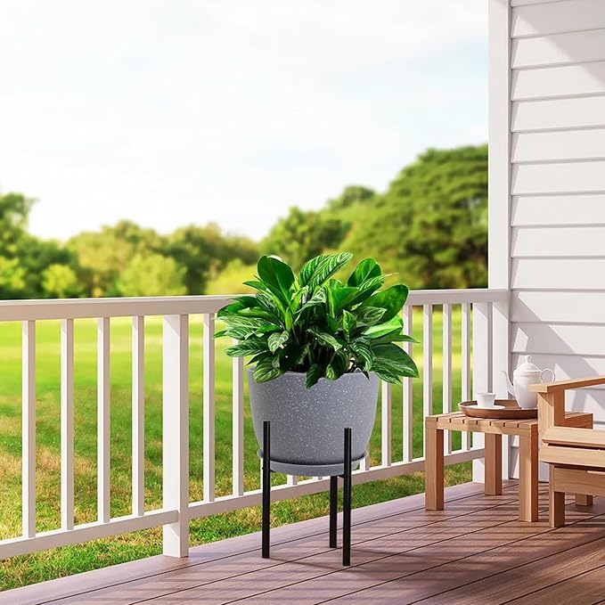 12/10/9 Large Modern Plant Pots Plastic Planters with Drainage Holes and Saucers for Indoor Outdoor Plants Flowers Grey Speckles