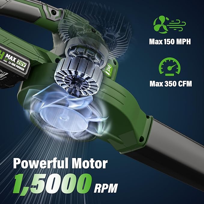 SEYVUM Leaf Blower 20V Cordless Blower with 2 x 2.0Ah Battery Electric Leaf Blowers for Lawn Care 350 CFM 150 MPH Battery Powered Leaf Blower for Patio Garden Cleaning Fast Charger Dark Green