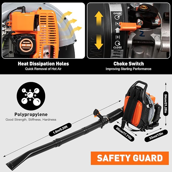 65cc Backpack Leaf Blower Gas Powered 3.6HP 2 Stroke Backpack Blower Gas Blower Snow Blower Lawn Blower Gasoline Backpack Leaf Blower for Lawn Care (US Stock)