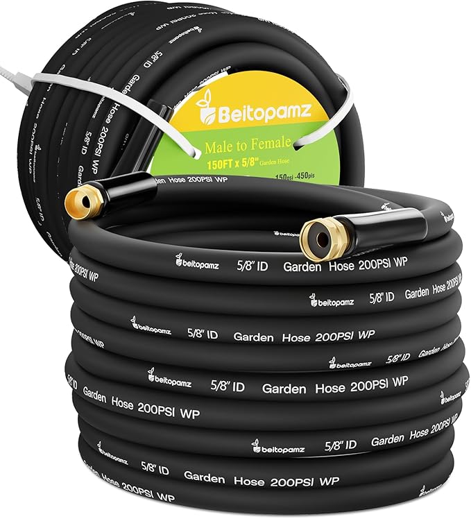 150 ft Garden Hose 5/8 in Heavy Duty Water Hose Flexible and Durable Lightweight Rubber Hybrid Hose Leak-Free Connections Male to Female 3/4'' Brass Fittings for Patio Lawn Black