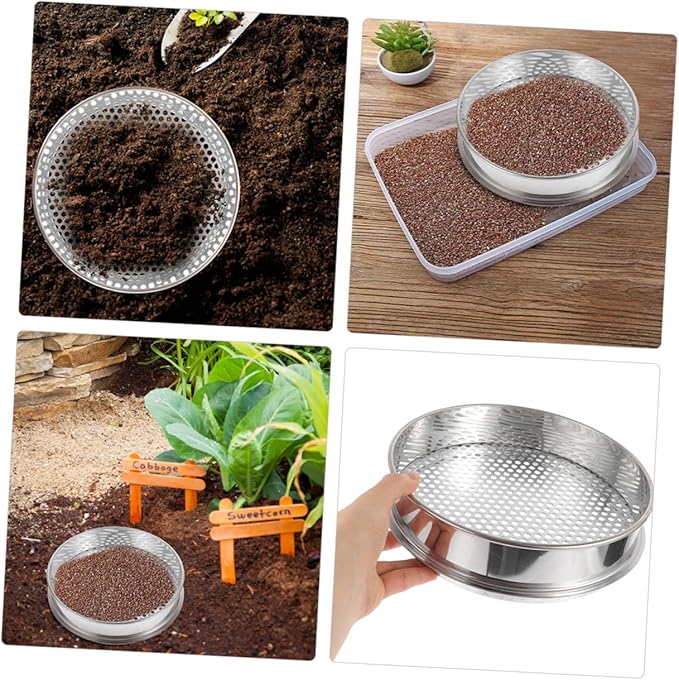 Healifty Stainless Steel Soil Sifter Round Mesh Garden Sieve for Soil Grading and Filtering Practical Kitchen and Outdoor with Fine Texture and Stackable Design
