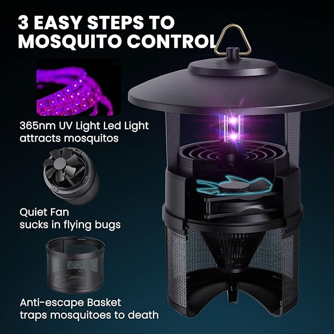 Mosquito Trap Outdoor Flying Insect Bug Trap with Lighting Sleep and Timer Functions Gnat Flies Moths Wasps Beetles Catcher Indoor Bug Mosquito Zapper Alternative Black
