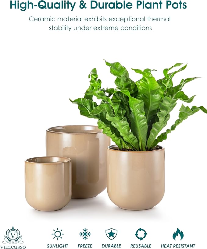 vancasso Ceramic Plant Pots 4+5+6 inches Set of 3 Planters with Drainage Hole Flower Pots Planters Pots for Indoor Plants Modern Indoor Decorative Garden Pot Home Decor Brown