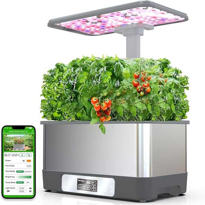 Indoor Herbs GardenWiFi&ampAPP-Hydroponics Growing System KitBHTNYOO/8 Pods Soilless Planting Gardening Boxs with LED Grow LightsWater Pump TimerTimerfor Home(Grey)