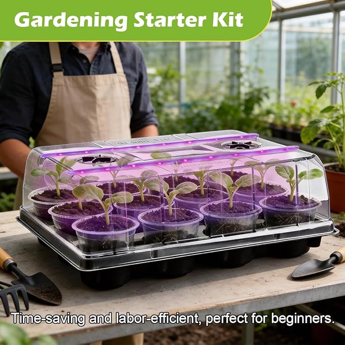 3 Pack 12 Cell Seed Starting Trays with Clear Domes and Growing Lights &amp 4 Inch Clear Seedling Pots 36 Pack Plant Nursery Faster Propagation Kit 3 Sets for Seeds Vegetables Herbs