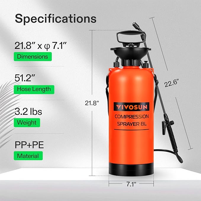 VIVOSUN Pump Sprayer 2 Gallon Pressurized Lawn &amp Garden Water Spray Bottle with Adjustable Shoulder Strap Pressure Relief Valve for Spraying Plants Garden Watering and Cleaning