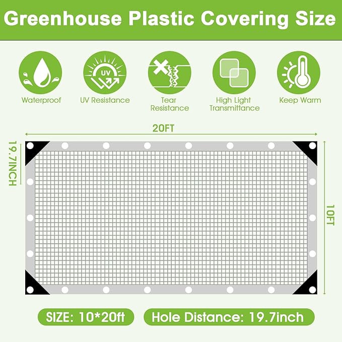 16 Mil Clear Plastic Tarps Heavy Duty Waterproof 10x20 FTGreen House Plastic Covering SheetingUV Resistant Greenhouse Cover Clear Tarp with Grommets for GardenFarmsNurseryChicken Coop Winter Wrap